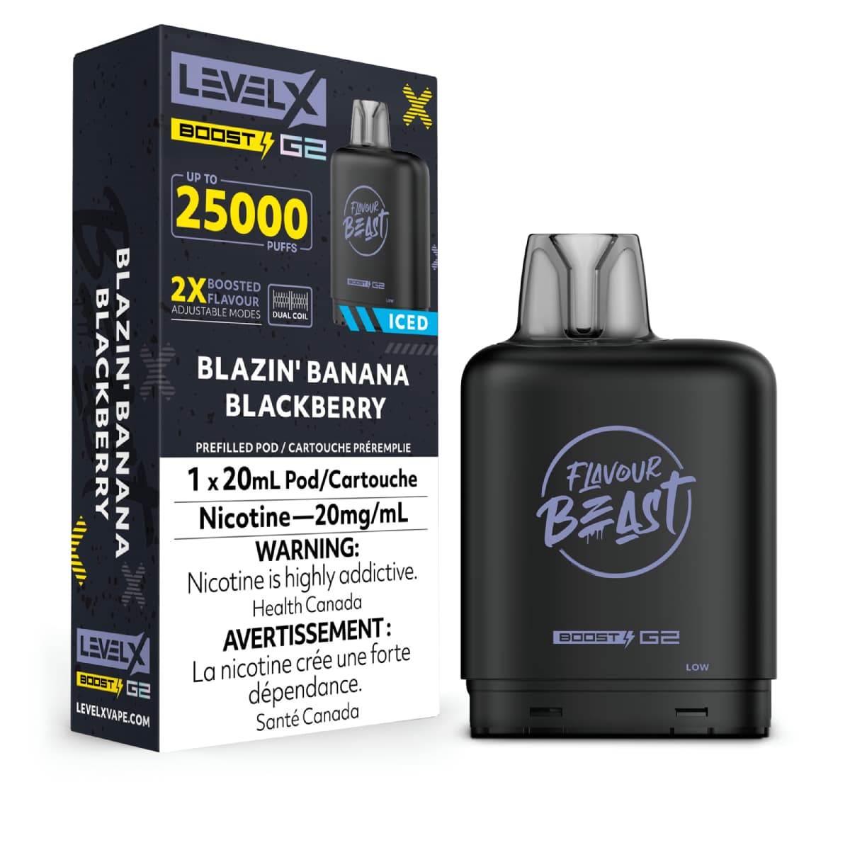 Level X Flavour Beast G2 Boost 25K Pods Level X Flavour Beast G2 Boost 25k Pod - Blazin' Banana Blackberry Iced
